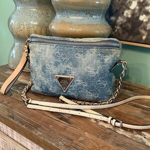 Guess Blue Denim Crossbody with Chain and Leather Strap